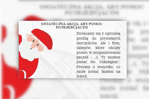 Pomocni z Żeroma zwracają się o pomoc - plakat z wizerunkiem św. Mikołaja i prośbą o wsparcie akcji