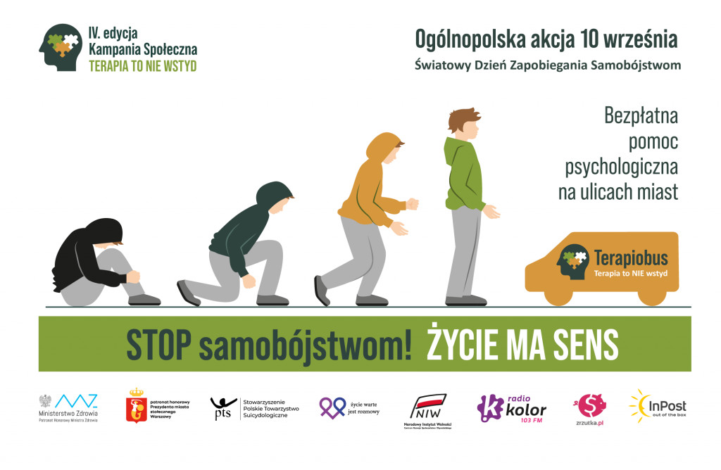 Z okazji Światowego Dnia Zapobiegania Samobójstwom, który obchodzony jest 10 września, Fundacja „Terapia to NIE WSTYD” rusza już z IV edycją kampanii społecznej, której hasłem przewodnim w tym roku jest „Stop Samobójstwom! Życie ma sens”.
