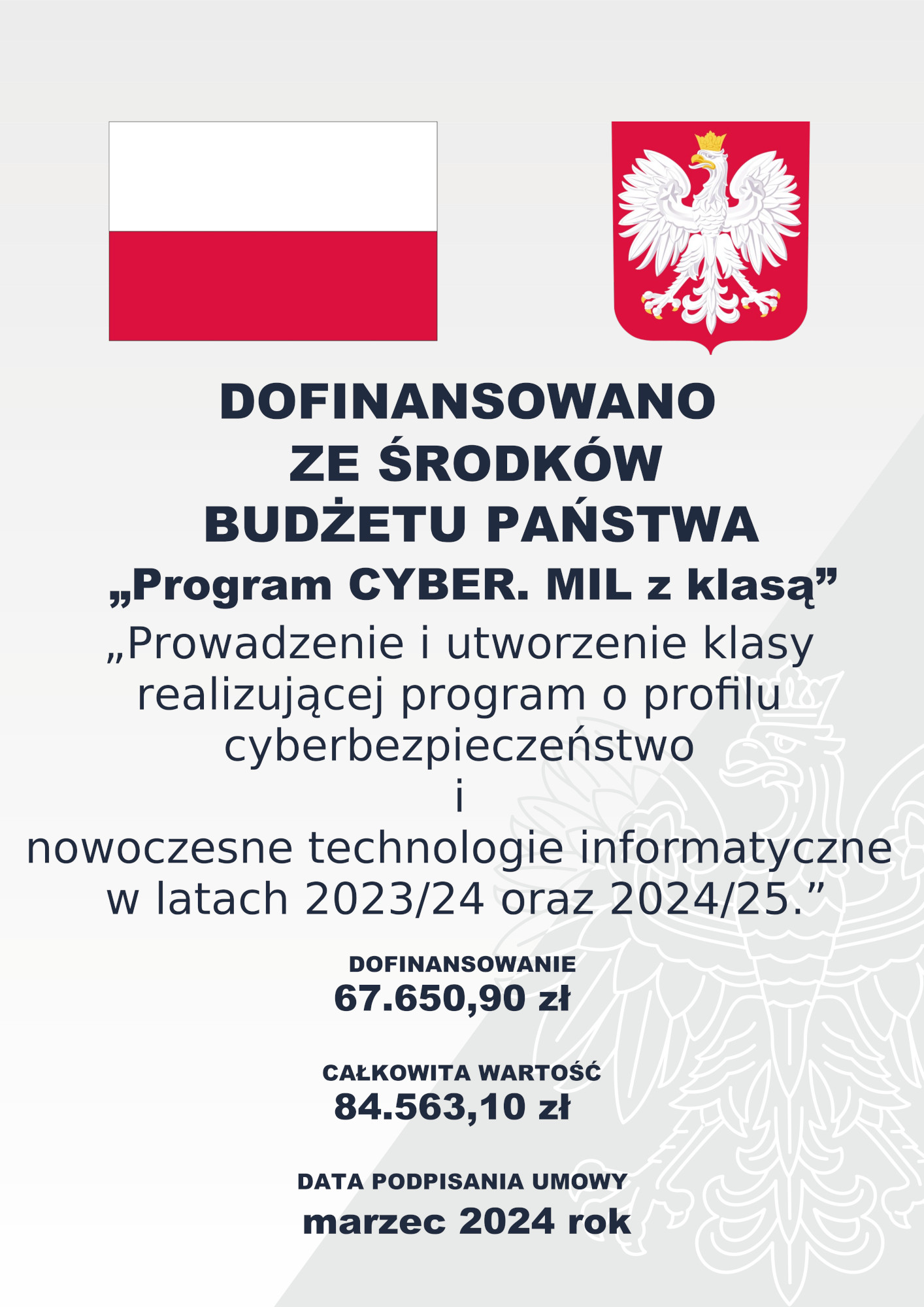 Dofinansowano ze środków budżetu państwa "Program CYBER. MIL z klasą".  Prowadzenie i utworzenie klasy realizującej program o profilu cyberbezpieczeństwo i nowoczesne technologie informatyczne w latach 2023/24 oraz 2024/25.  Dofinansowanie: 67 650,90 zł  Całkowta wartość: 84 563,10 zł  Data podpisania umowy: marzec 2024 r.