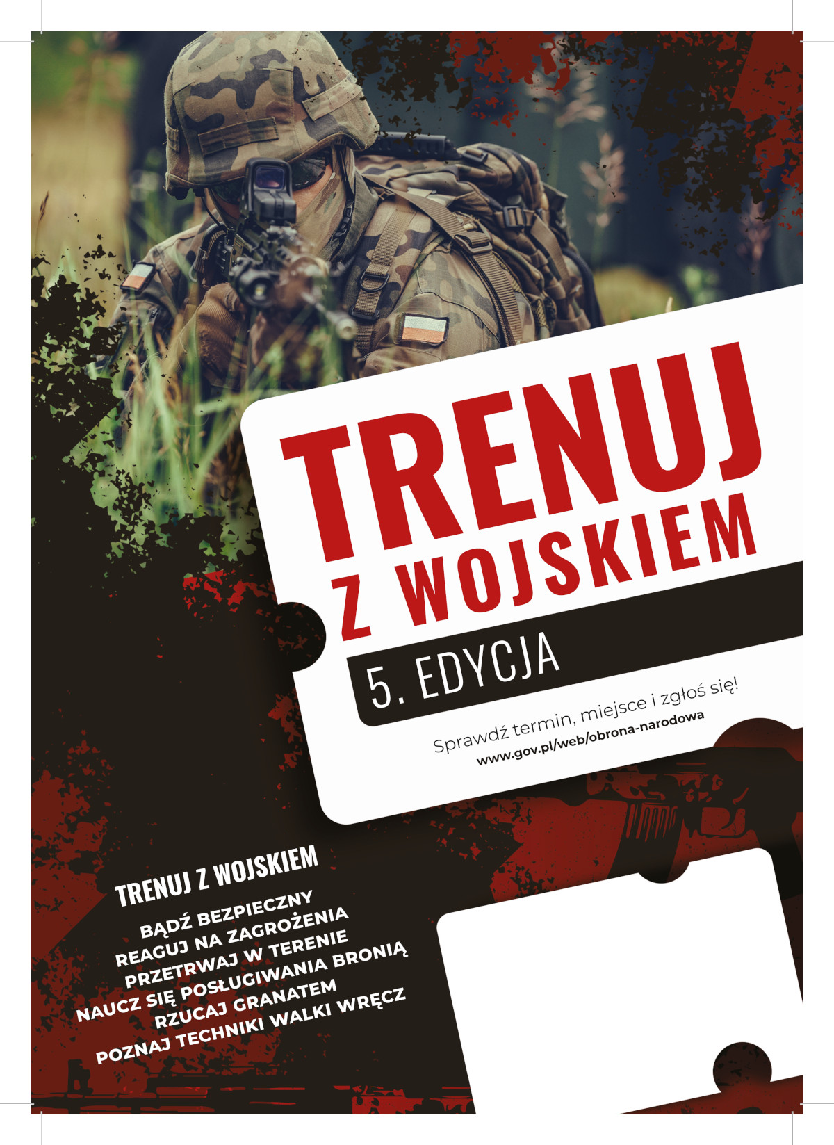plakat: ”Trenuj z Wojskiem 5”. Jest to podstawowe, krótkie (8-godzinne), bezpłatne, sobotnie szkolenie wojskowe.